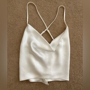 Garage White Silk Cowl Neck Open Back Cropped Tank